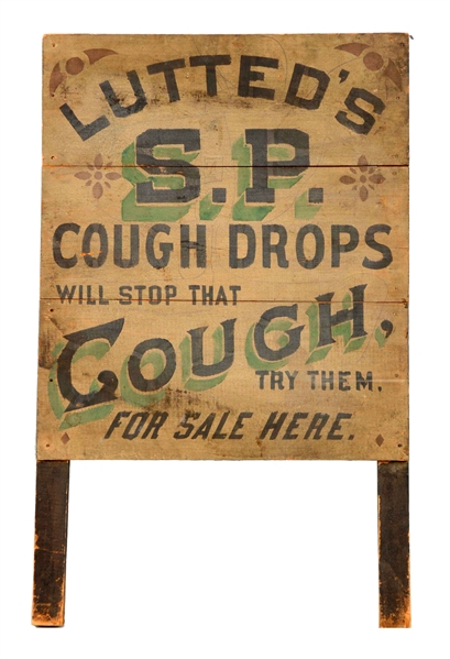LUTTEDS S.P. COUGH DROPS WOODEN ADVERTISING SIGN.