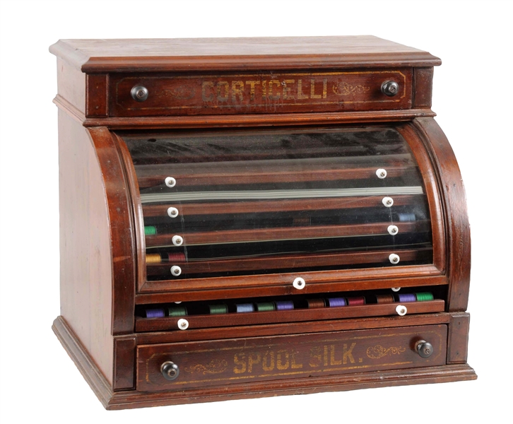 CORTICELLI ADVERTISING SPOOL CABINET.