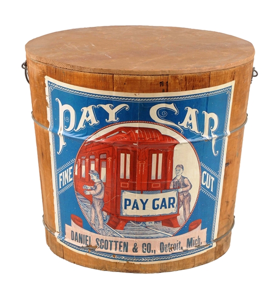 EARLY PAY CAR TOBACCO ADVERTISING WOODEN BUCKET.