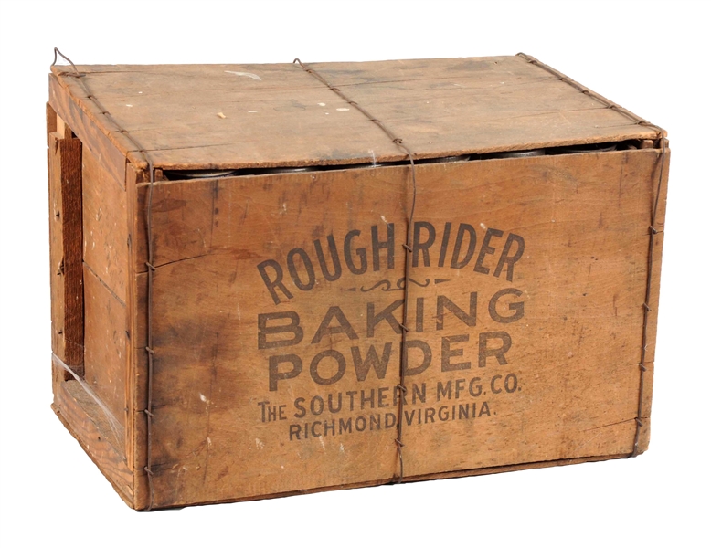 EARLY CASE OF UNUSED ROUGH RIDER BAKING POWDER TINS.