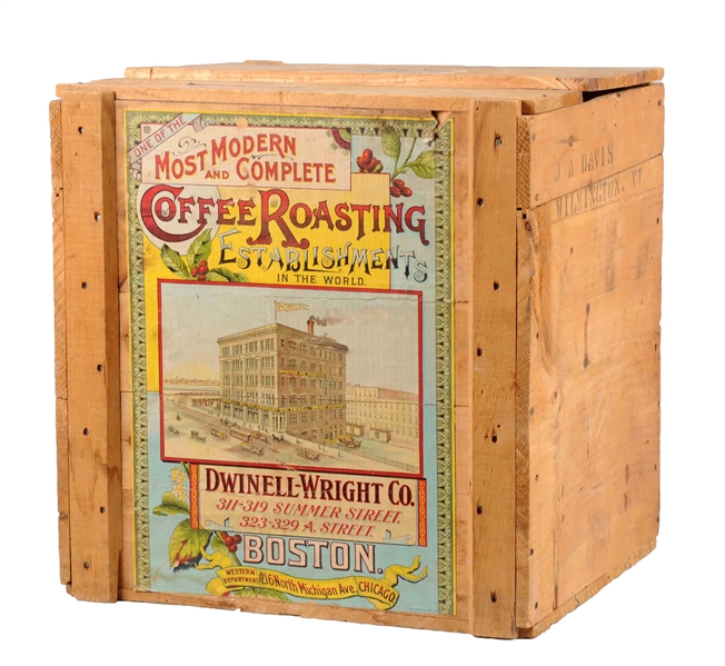 EARLY DWINELL-WRIGHT COFFEE WOODEN ADVERTISING BOX.