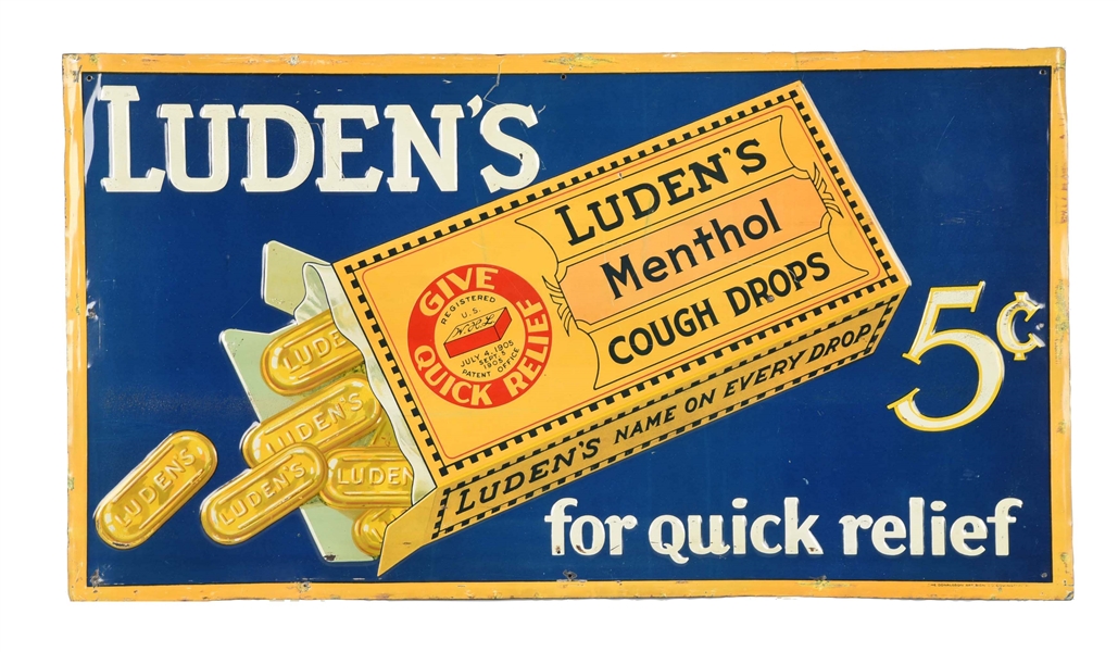 LUDENS COUGH DROPS EMBOSSED TIN ADVERTISING SIGN.