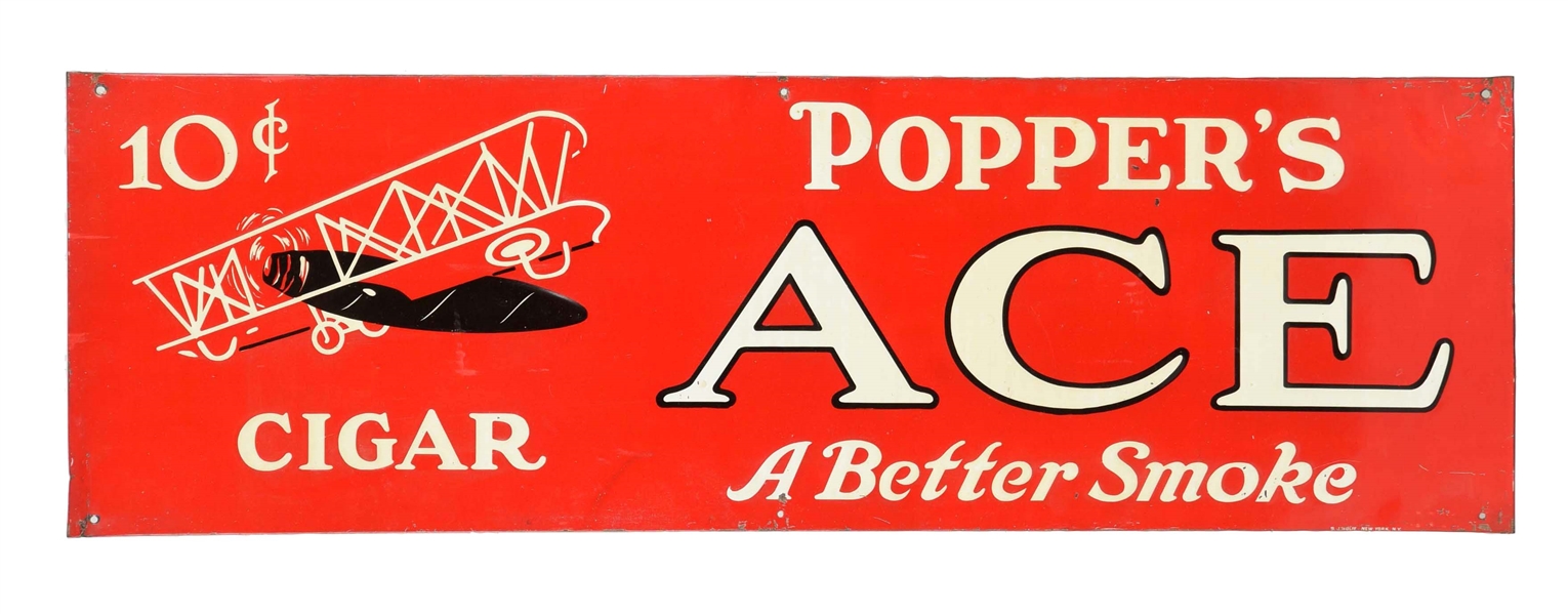 POPPERS ACE CIGAR EMBOSSED TIN ADVERTISING SIGN.