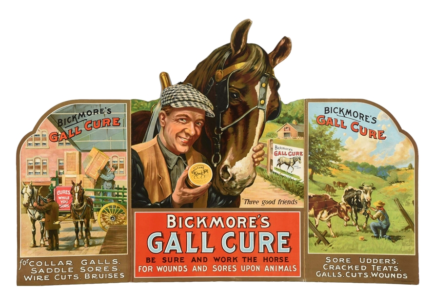 BICKMORES GALL CURE TRI-FOLD ADVERTISING SIGN.