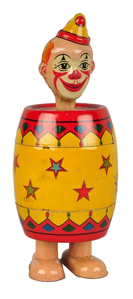 CHEIN TIN LITHO WIND-UP CLOWN IN BARREL TOY.      