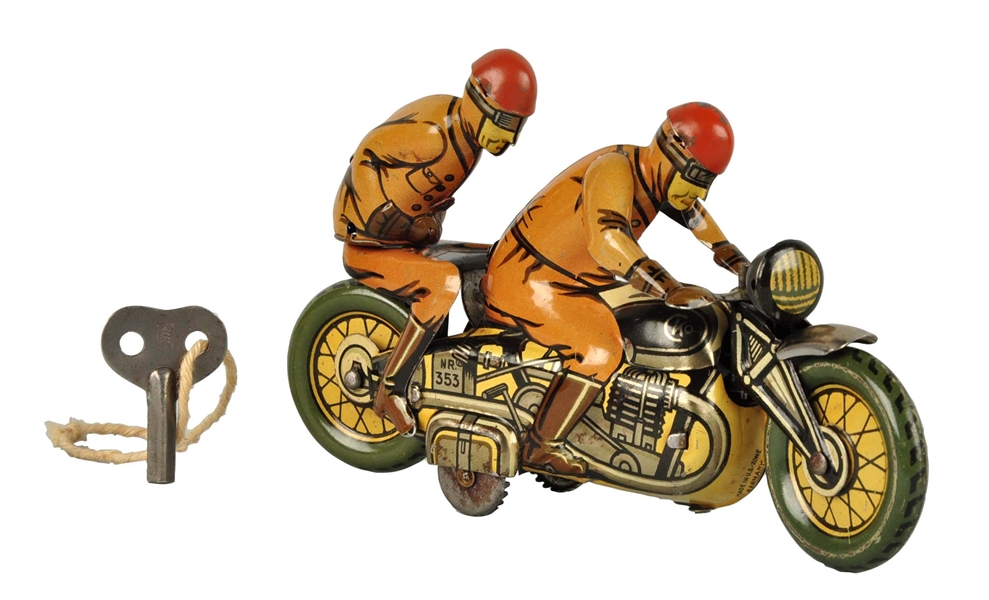 GERMAN CKO TIN LITHO WIND-UP MOTORCYCLE TOY.      