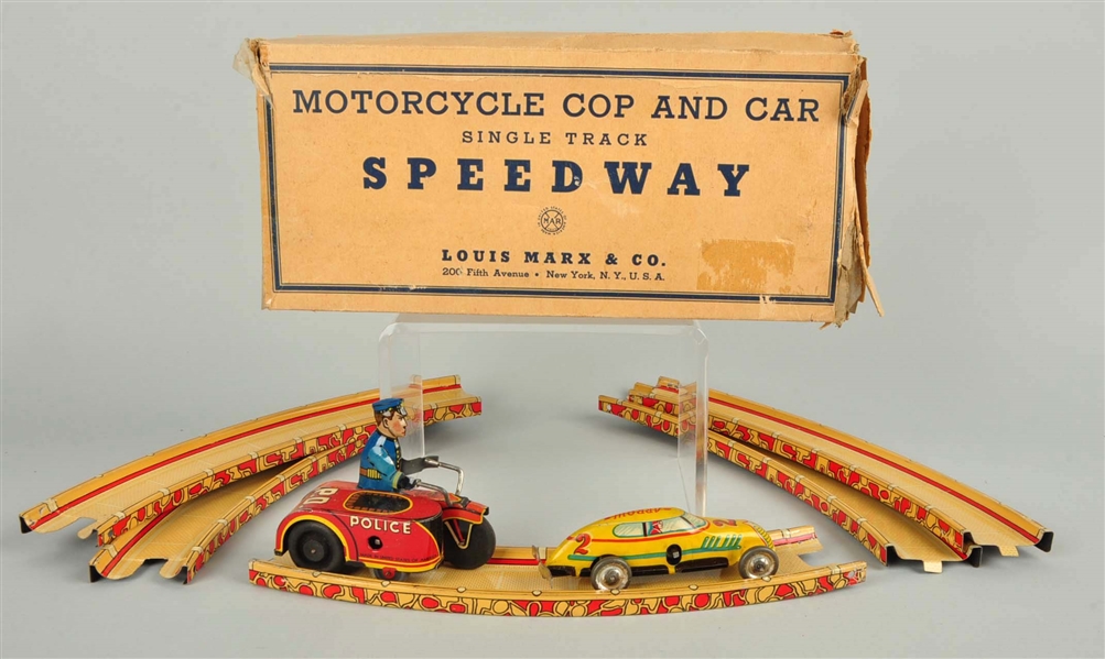 MARX TIN WIND UP MOTORCYCLE COP & CAR SPEEDWAY TOY
