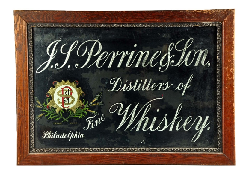 J.S. PERRINE & SON WHISKEY REVERSE GLASS SIGN.    