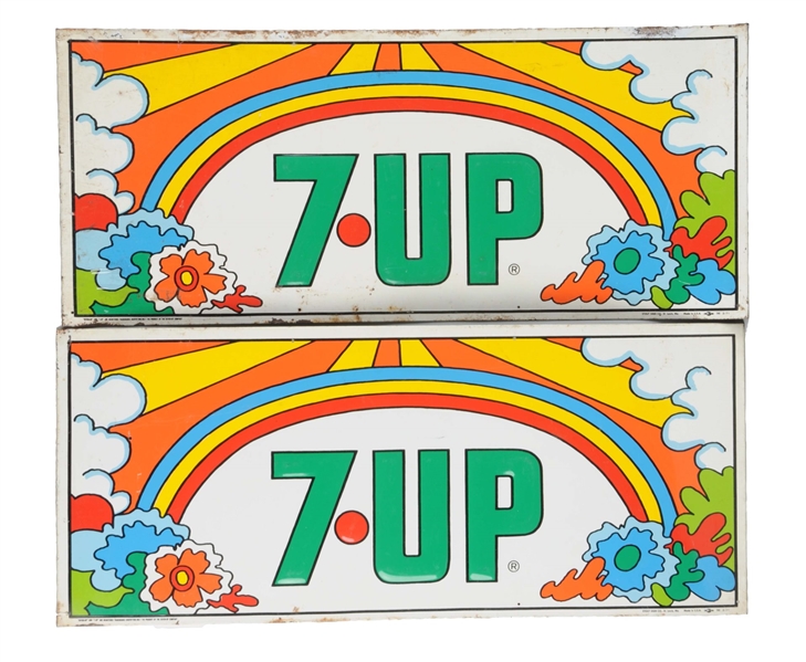 LOT OF 2: EMBOSSED TIN 7-UP ADVERTISING SIGNS.    