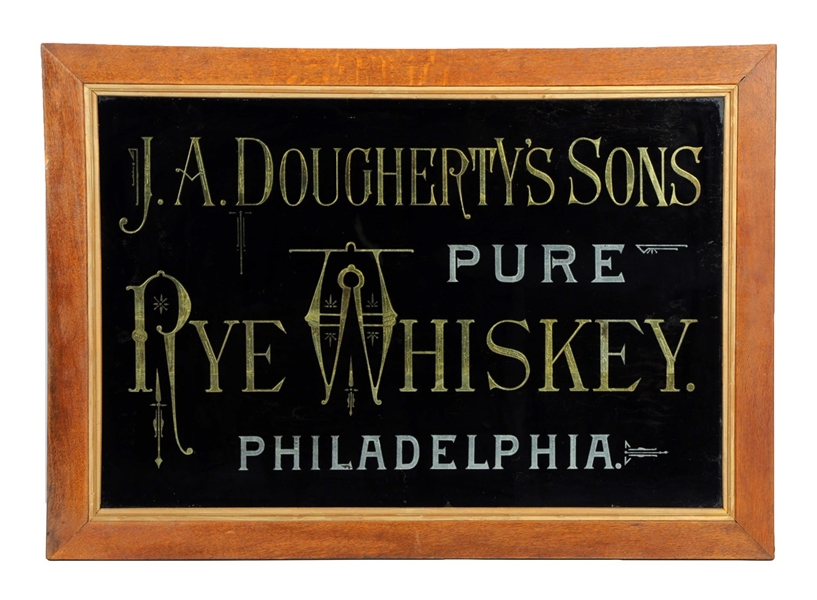 J.A. DOUGHERTYS SONS RYE WHISKEY REVERSE GLASS.  