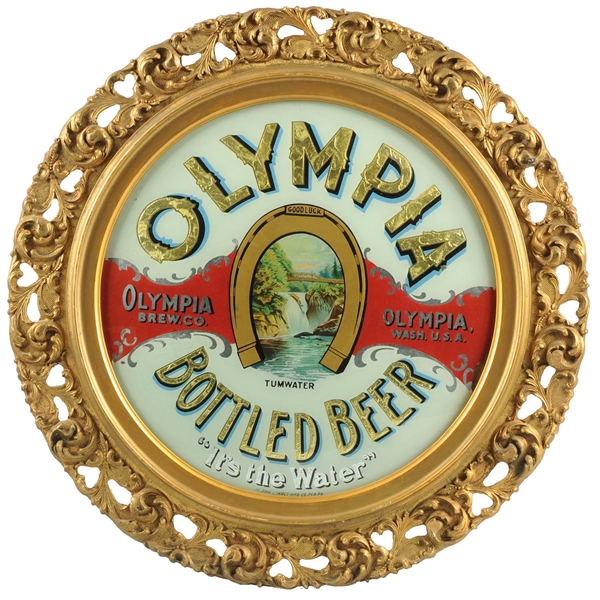 OLYMPIA BEER CONVEX REVERSE GLASS SIGN.