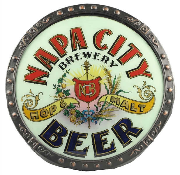 NAPA CITY BEER CONVEX REVERSE GLASS SIGN.