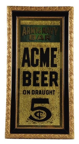 ACME BEER ARMY & NAVY BAR REVERSE GLASS SIGN.