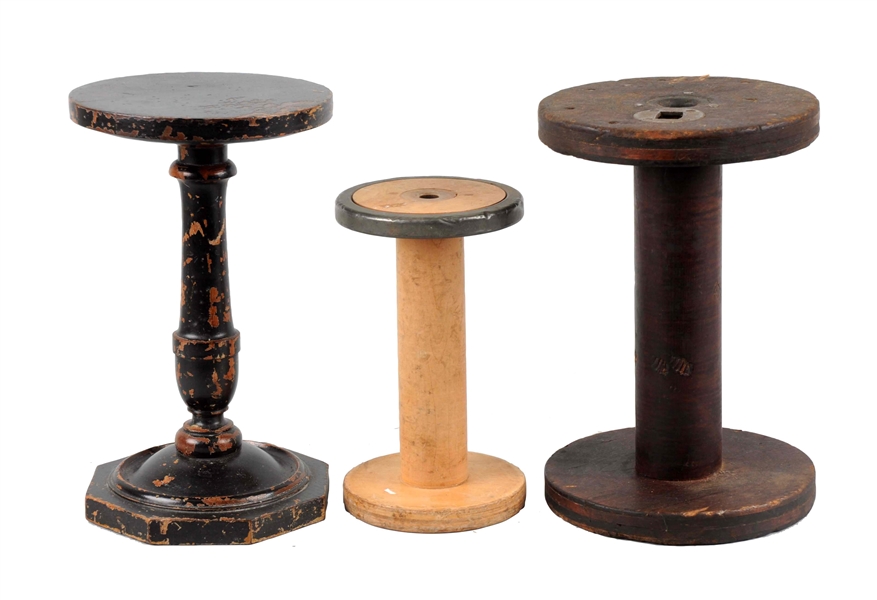 LOT OF 3:  WOODEN STAND & LARGE SPOOLS.