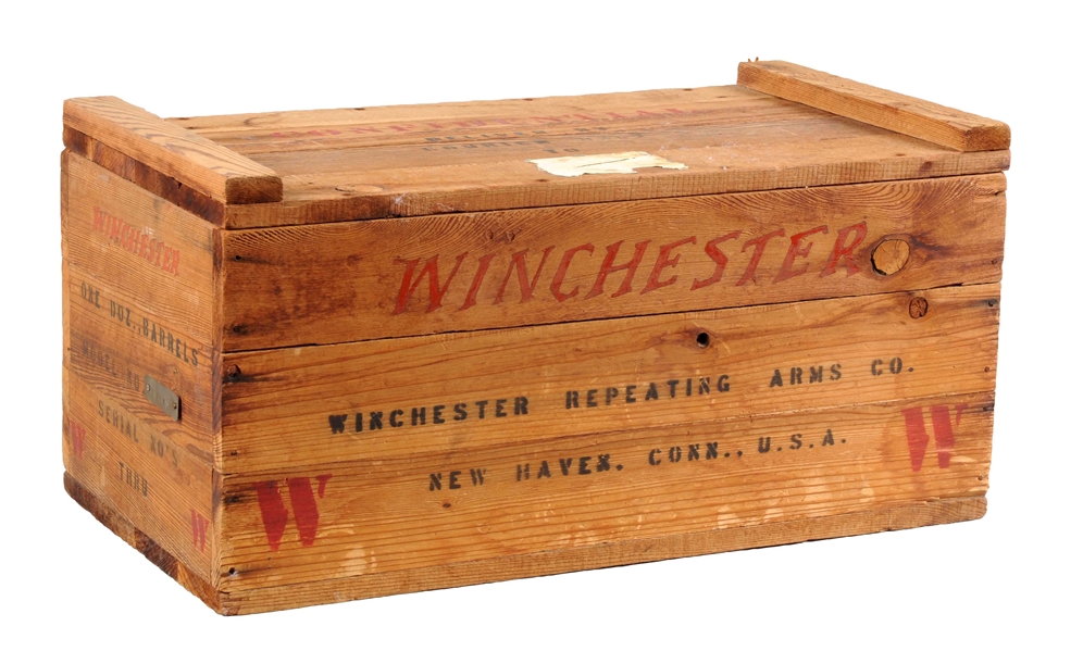 EARLY WINCHESTER WOODEN ADVERTISING CRATE.
