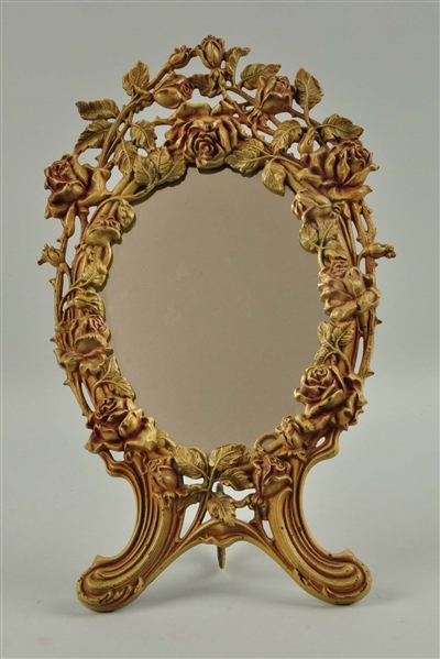 CAST IRON ROSES FLOWER FRAME WITH MIRROR.