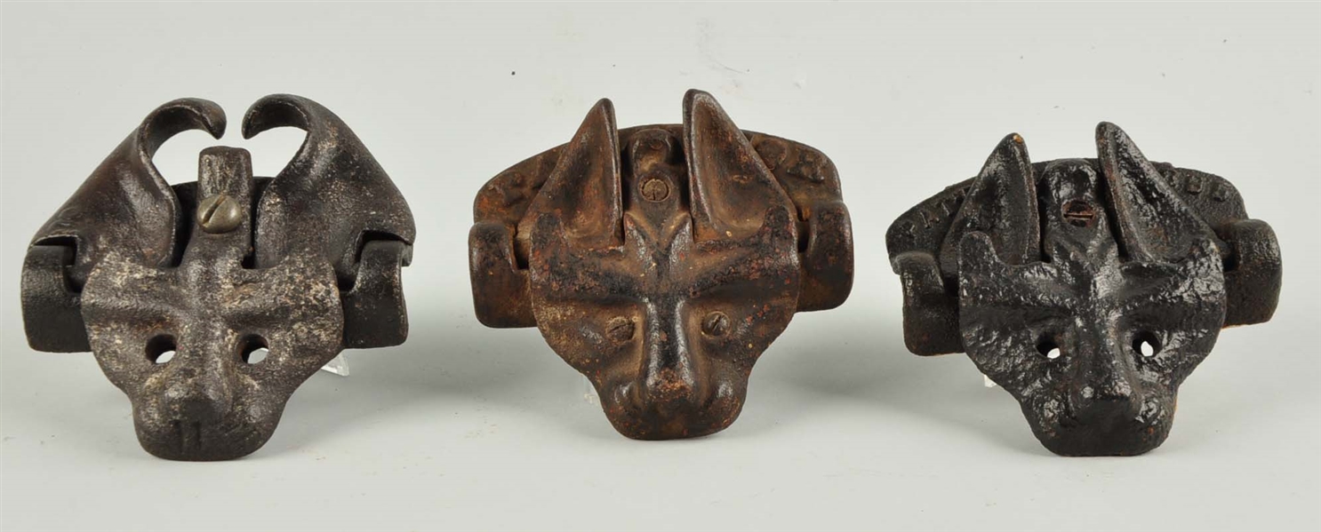 LOT OF 3: CAST IRON CAT HEAD GATE LATCHES.