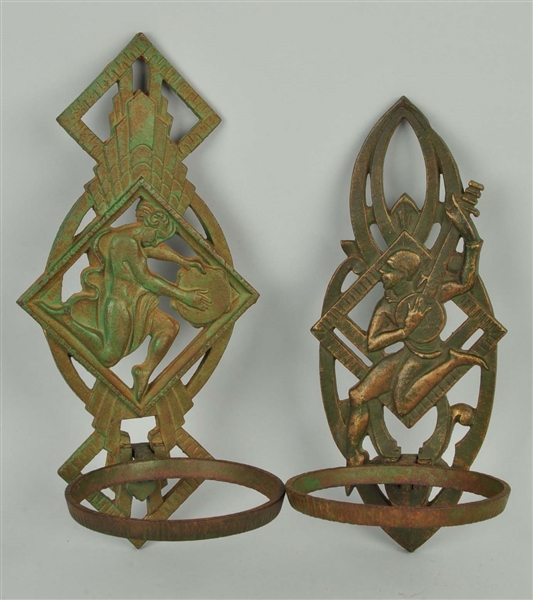 LOT OF 2: CAST IRON DECO WALL MOUNT PLANT HANGERS.