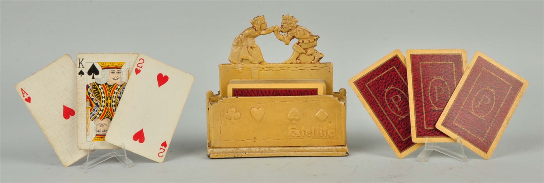 CAST IRON KING & QUEEN DECK OF CARDS HOLDER.