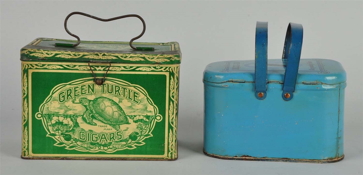 LOT OF 2: GREEN TURTLE & BLUE JAY TOBACCO TINS.