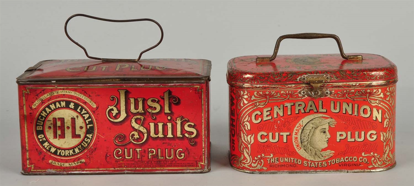 LOT OF 2: JUST SUITS & CENTRAL UNION TOBACCO TINS.