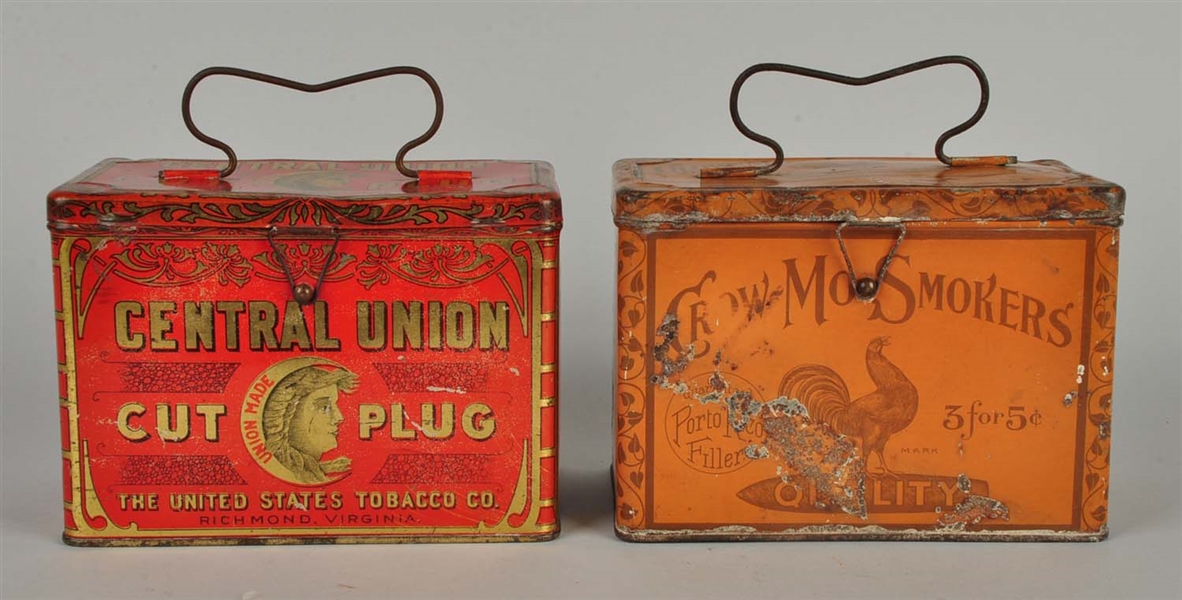 LOT OF 2: CENTRAL UNION & CROW-MO TOBACCO TINS.
