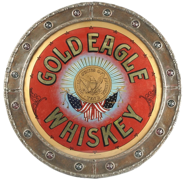 GOLDEN EAGLE WHISKEY REVERSE CONVEX GLASS SIGN