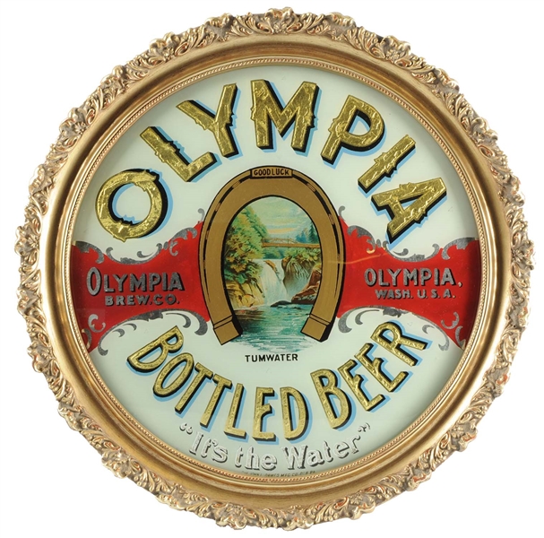 OLYMPIA BOTTLED BEER REVERSE GLASS SALOON SIGN