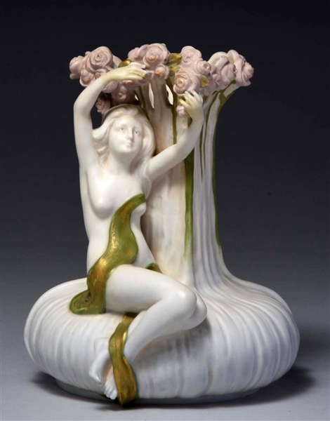 ERNST WAHLISS CERAMIC VASE OF YOUNG WOMAN & ROSES.