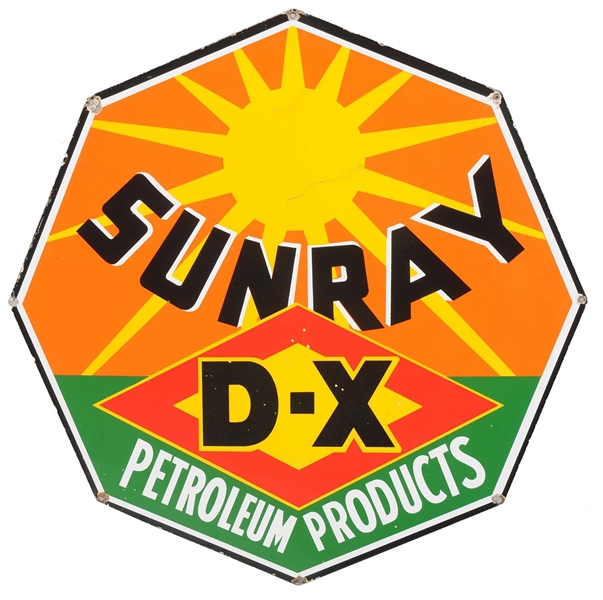 SUNRAY D-X PETROLEUM PRODUCTS DIECUT PORCELAIN SIGN.               