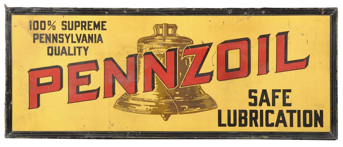 PENNZOIL SAFE LUBRICATION WITH BROWN BELL TIN SIGN.   