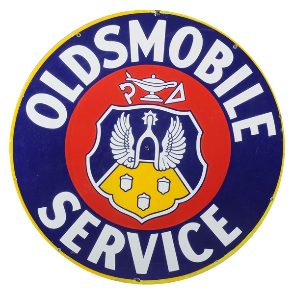 OLDSMOBILE SERVICE WITH CREST LOGO PORCELAIN SIGN.          