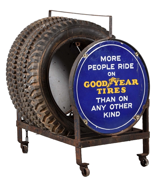 ORIGINAL GOODYEAR TIRE RACK PORCELAIN SIGNS WITH TIRES.           