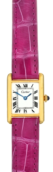 CARTIER WRIST WATCH WITH PURPLE LEATHER BAND.     