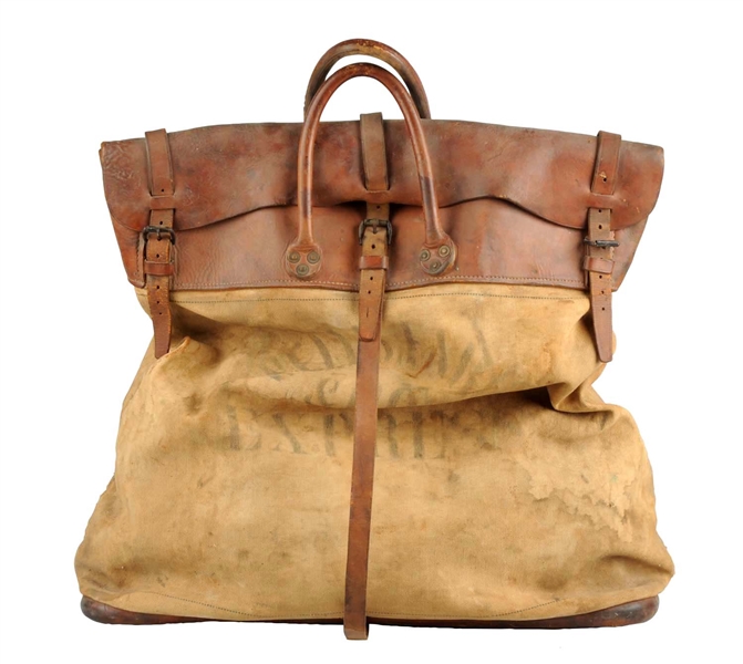 LARGE WELLS FARGO LEATHER & CANVAS BAG.