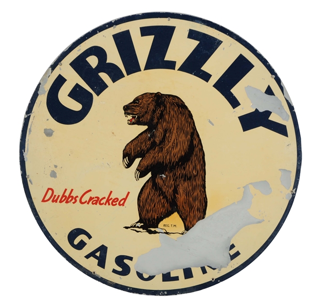 GRIZZLY GASOLINE "DUBBS CRACKED" TIN SIGN.            