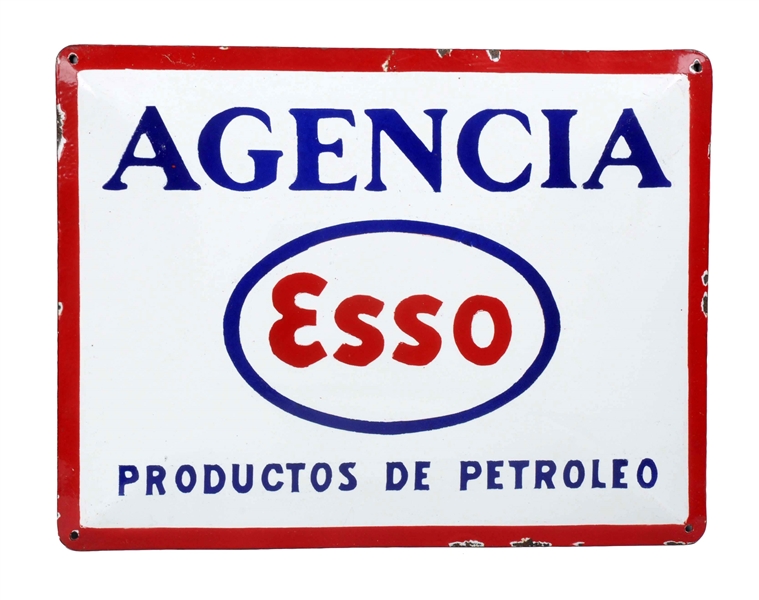 ESSO AGENCIA PRODUCTOS DE PETROLEO CONVEXED PORCELAIN SIGN.