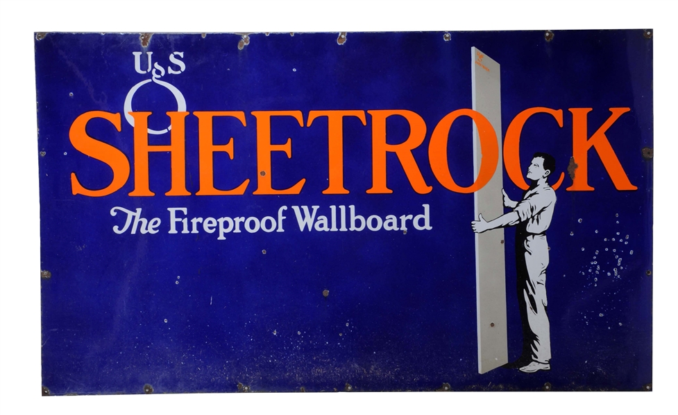 USO SHEETROCK "THE FIREPROOF WALLBOARD" PORCELAIN SIGN.