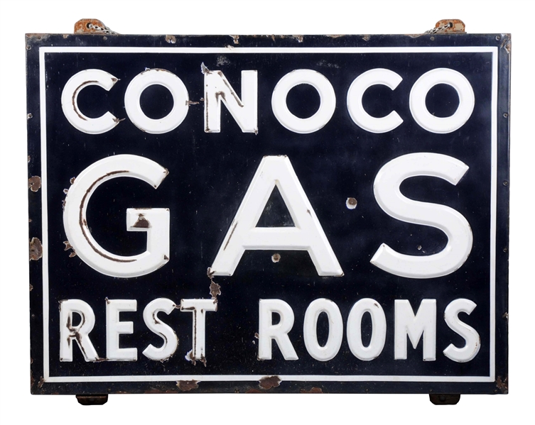 CONOCO GAS REST ROOM EMBOSSED PORCELAIN SIGN.