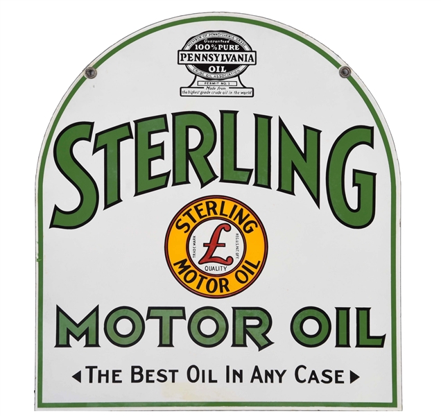 STERLING MOTOR OIL W/ LOGO TOMBSTONE SHAPED SIGN.