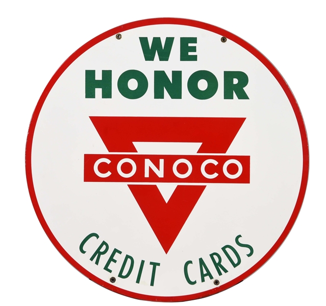 WE HONOR CONOCO CREDIT CARDS PORCELAIN SIGN.