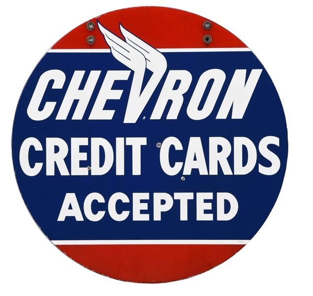 CHEVRON CREDIT CARDS ACCEPTED PORCELAIN SIGN.