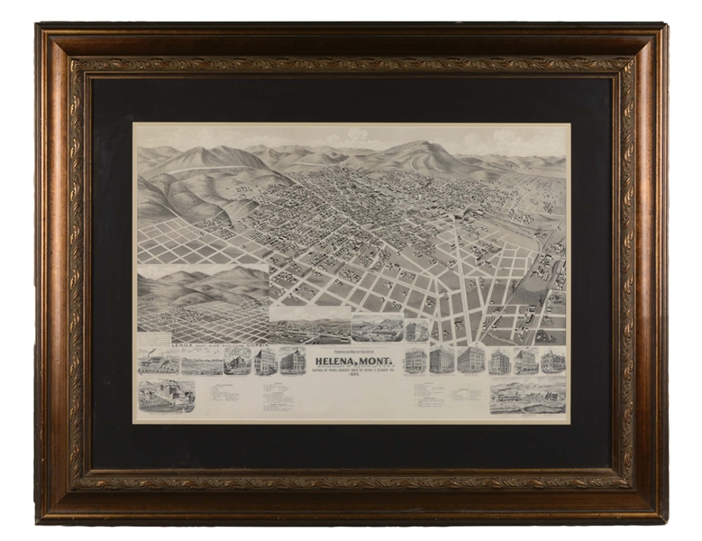 FRAMED 1890 PERSPECTIVE MAP OF HELENA, MONTANA