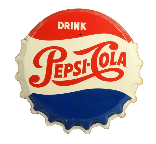 1950S TIN PEPSI-COLA BOTTLE CAP SIGN.            
