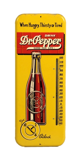 1940S DR. PEPPER TIN THERMOMETER.                