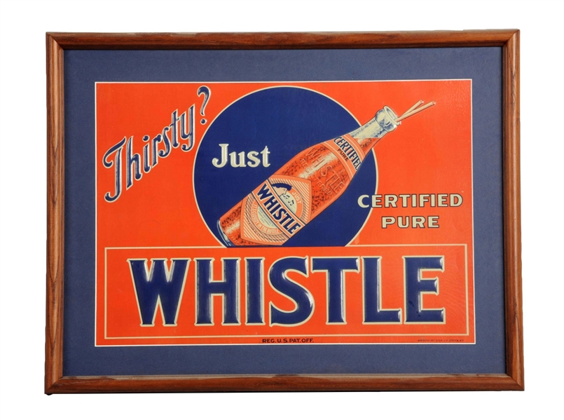 1920S EMBOSSED TIN WHISTLE SODA SIGN.            