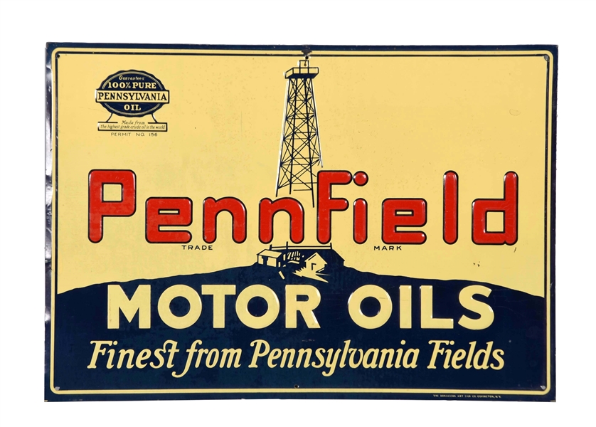 PENNFIELD MOTOR OIL WITH DERICK EMBOSSED TIN SIGN.                                                  