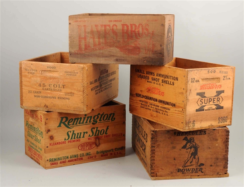 LOT OF 5: WOODEN AMMUNITION CRATES.