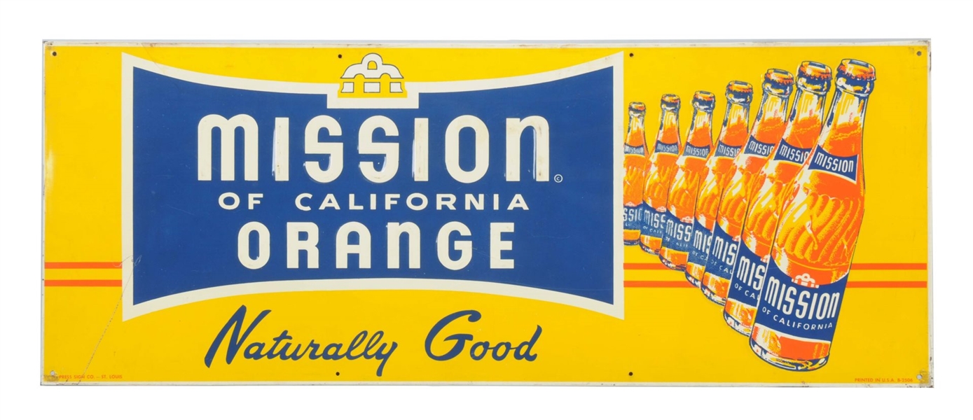 MISSION ORANGE SODA EMBOSSED TIN ADVERTISING SIGN.