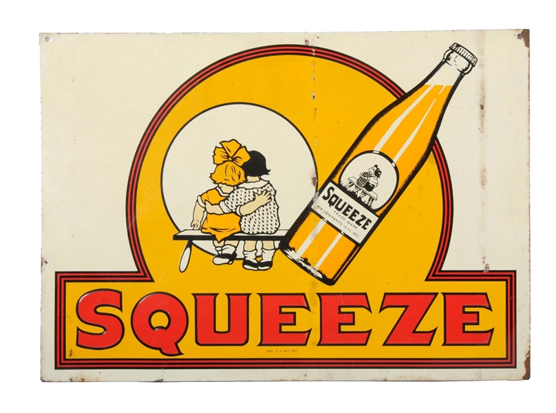 SQUEEZE SODA EMBOSSED TIN ADVERTISING SIGN.       
